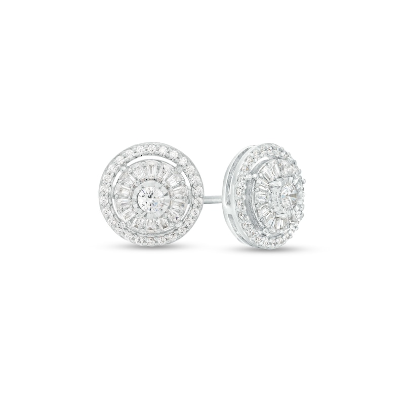 1/2 CT. T.W. Baguette and Round Diamond Double Frame Stud Earrings in 10K White Gold