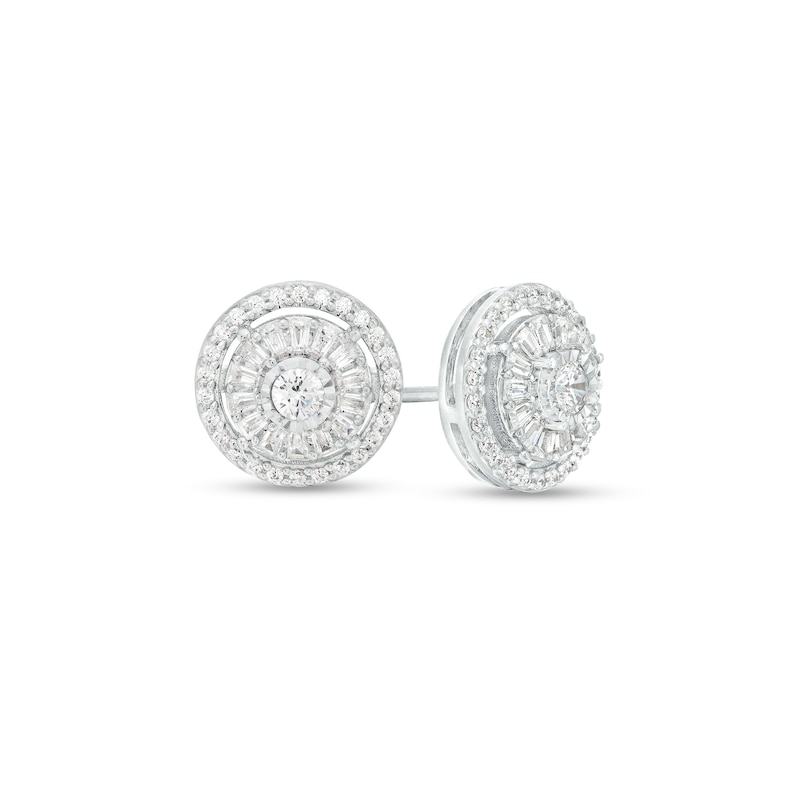 Main Image 1 of 1/2 CT. T.W. Baguette and Round Diamond Double Frame Stud Earrings in 10K White Gold