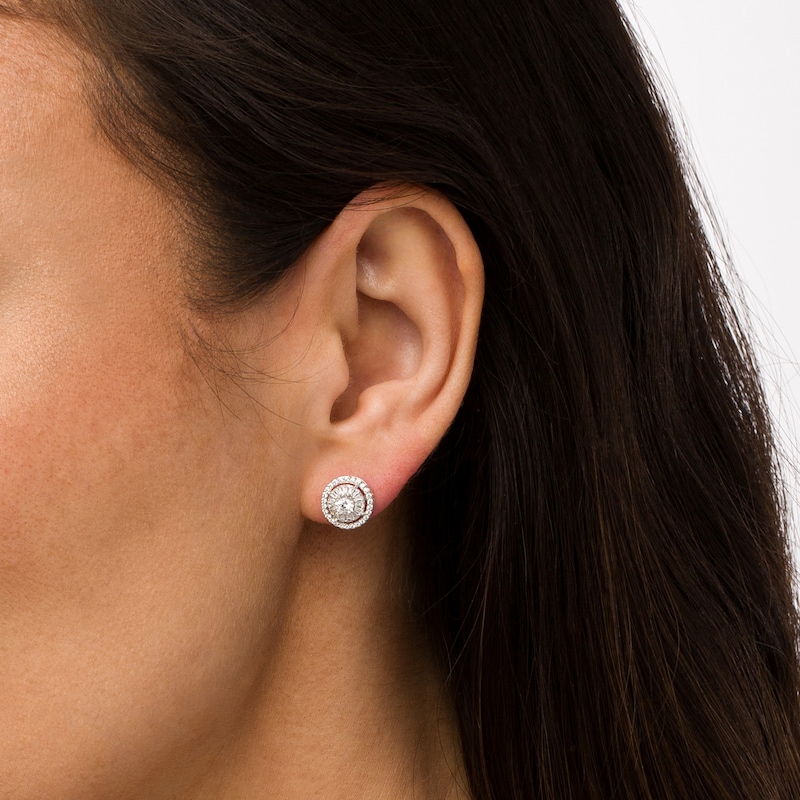 Main Image 2 of 1/2 CT. T.W. Baguette and Round Diamond Double Frame Stud Earrings in 10K White Gold