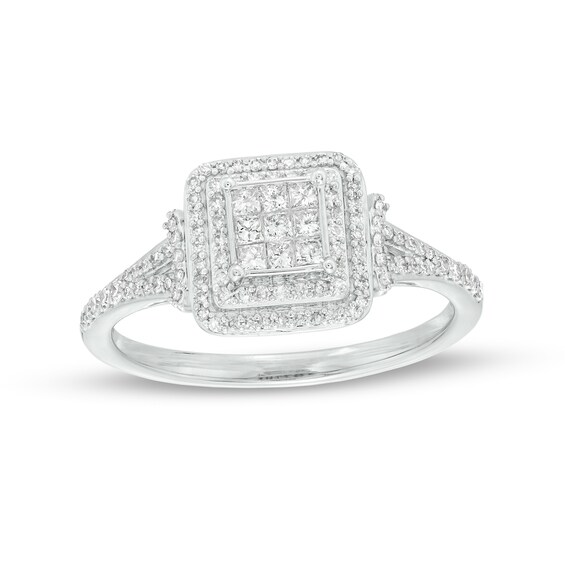 3/8 CT. T.w. Princess-Cut Multi-Diamond Double Frame Split Shank Ring in 10K White Gold