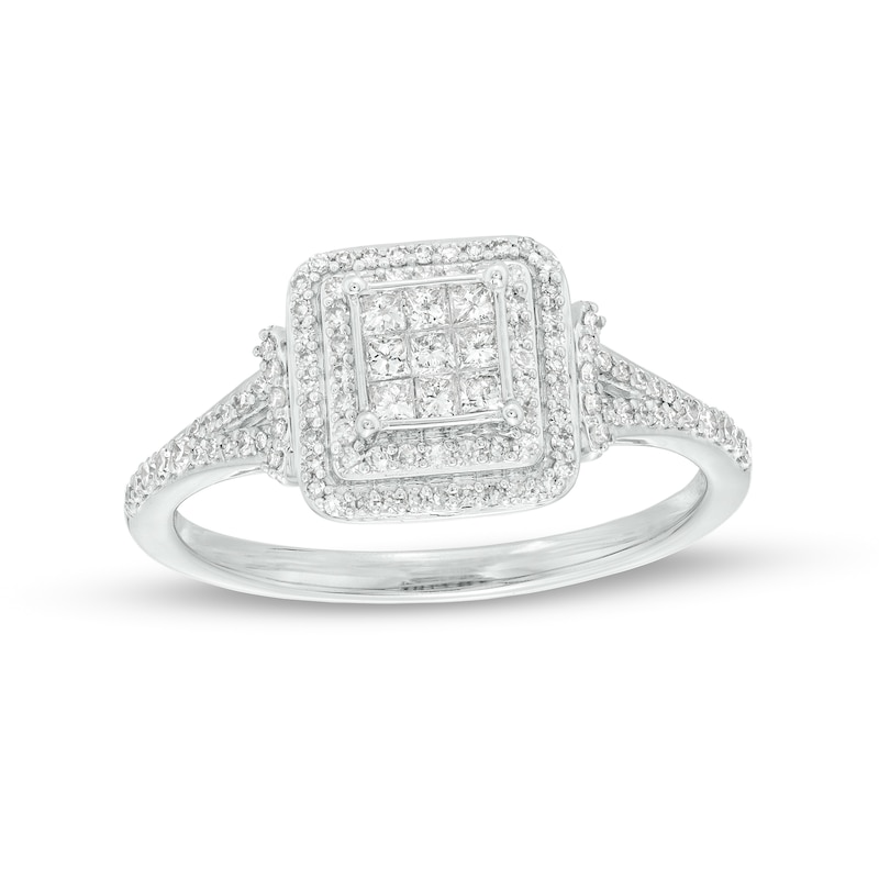 Main Image 1 of 3/8 CT. T.W. Princess-Cut Multi-Diamond Double Frame Split Shank Ring in 10K White Gold