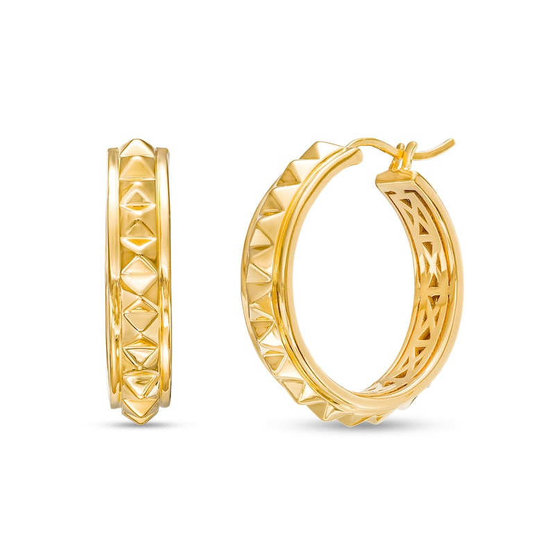 Main Image 1 of Men's 25.0mm Pyramid Studded Single Row Hoop Earrings in 10K Gold