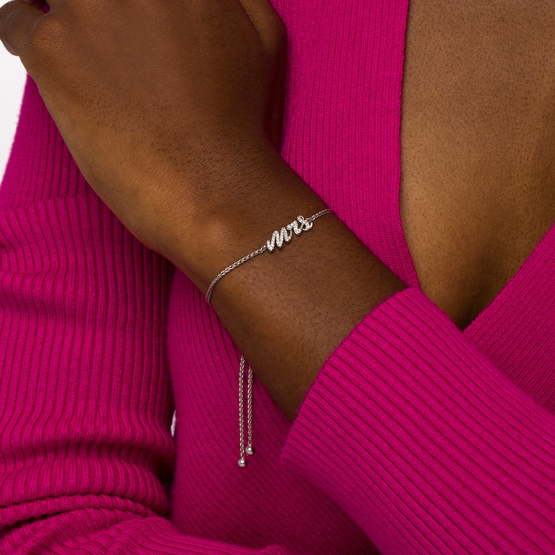 Main Image 2 of 1/6 CT. T.W. Diamond Cursive "Mrs" Bolo Bracelet in Sterling Silver – 9.5"