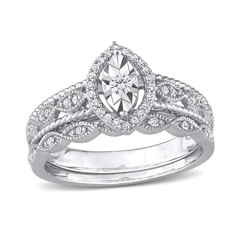 Main Image 1 of 1/5 CT. T.W. Diamond Marquise Frame Twist Vintage-Style Bridal Set in Sterling Silver