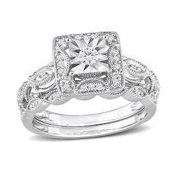 1/5 CT. T.W. Diamond Square Frame Twist Vintage-Style Bridal Set in Sterling Silver