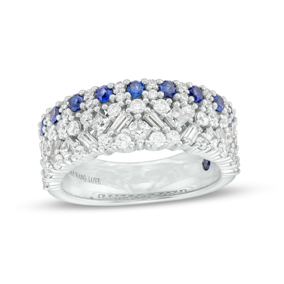 Vera Wang Love Collection Blue Sapphire and 1 CT. T.w. Multi-Diamond Multi-Row Anniversary Band in 14K White Gold