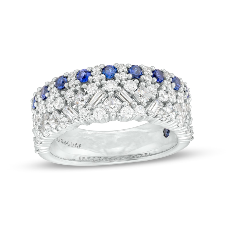 Vera Wang Love Collection Blue Sapphire and 1 CT. T.W. Multi-Diamond Multi-Row Anniversary Band in 14K White Gold