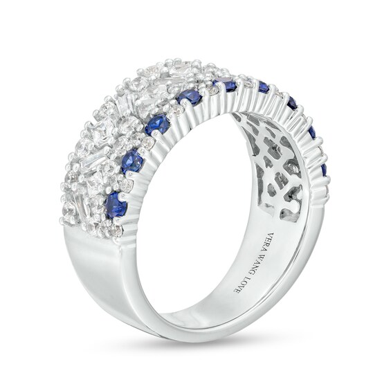 Vera Wang Love Collection Blue Sapphire and 1 CT. T.w. Multi-Diamond Multi-Row Anniversary Band in 14K White Gold