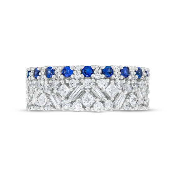 Vera Wang Love Collection Blue Sapphire and 1 CT. T.w. Multi-Diamond Multi-Row Anniversary Band in 14K White Gold
