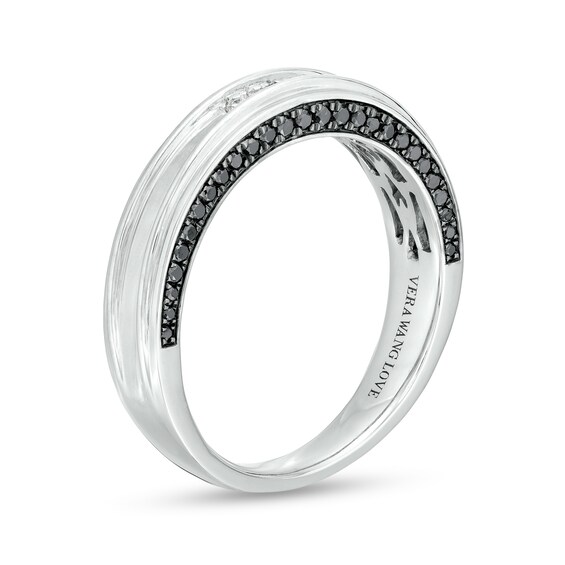 Vera Wang Men's 1/3 CT. T.w. Black and White Diamond Grooved Wedding Band in 14K White Gold