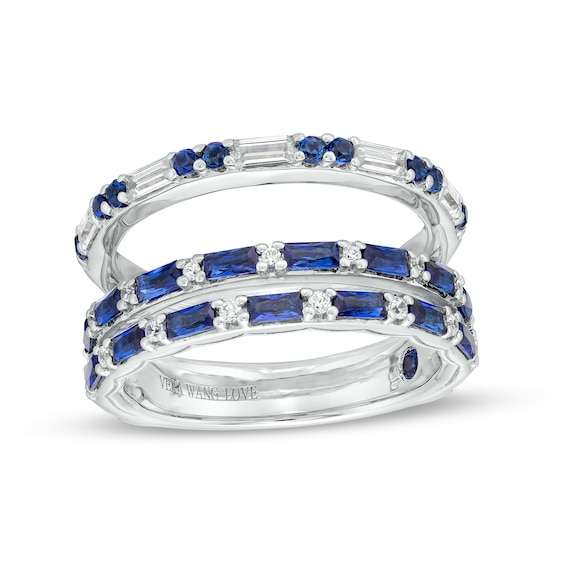Vera Wang Love Collection Blue Sapphire and 1/3 CT. T.w. Diamond Triple Row Solitaire Enhancer in 14K White Gold