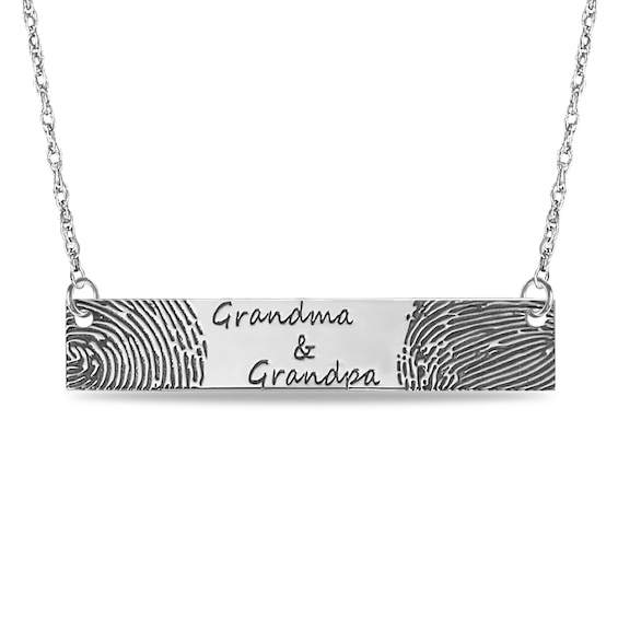 Couple's Engravable Print Bar Necklace in Sterling Silver (2 Images and 3 Lines)