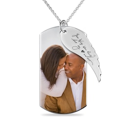 Men's Extra Large Engravable Photo Dog Tag Pendant with Wing Charm in Sterling Silver (1 Image and 4 Lines) - 22"