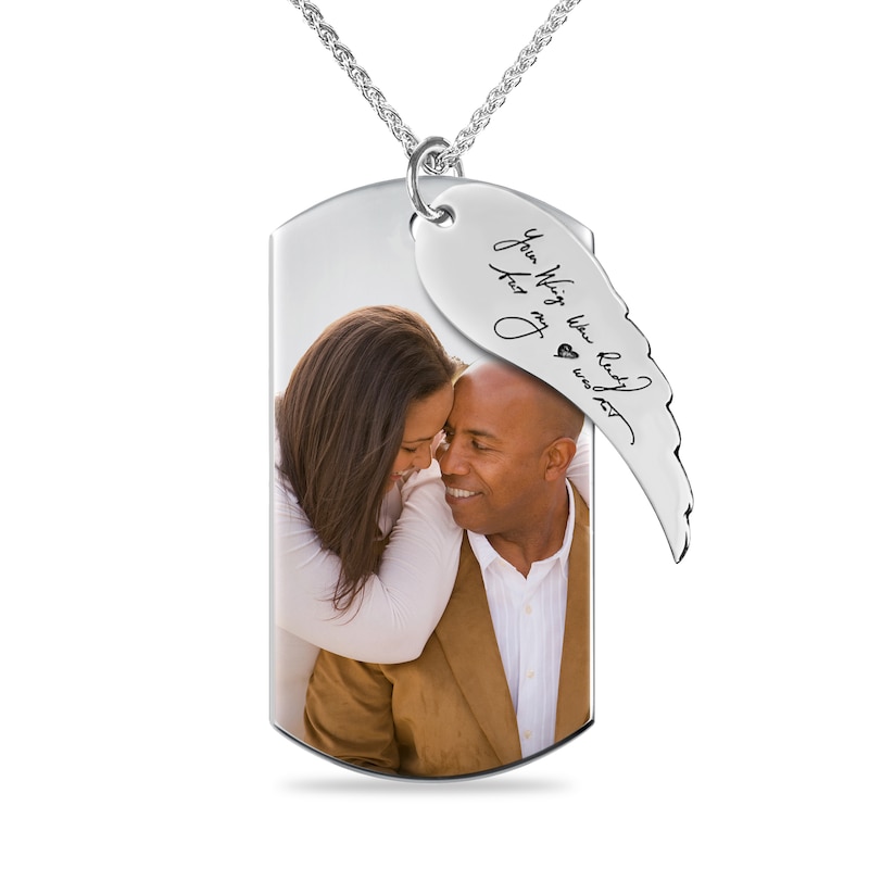 Main Image 1 of Men's Extra Large Engravable Photo Dog Tag Pendant with Wing Charm in Sterling Silver (1 Image and 4 Lines) - 22"
