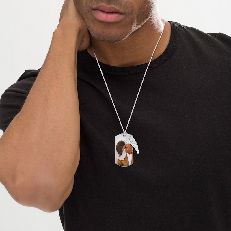Main Image 4 of Men's Extra Large Engravable Photo Dog Tag Pendant with Wing Charm in Sterling Silver (1 Image and 4 Lines) - 22"
