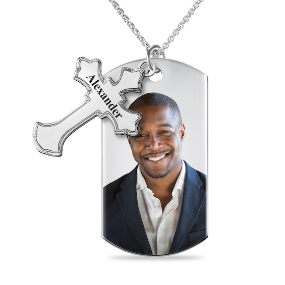 Men's Extra Large Engravable Photo Dog Tag Pendant with Cross Charm in Sterling Silver (1 Image and 4 Lines) - 22"