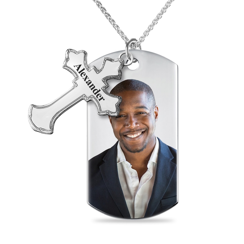 Men's Extra Large Engravable Photo Dog Tag Pendant with Cross Charm in Sterling Silver (1 Image and 4 Lines) - 22"