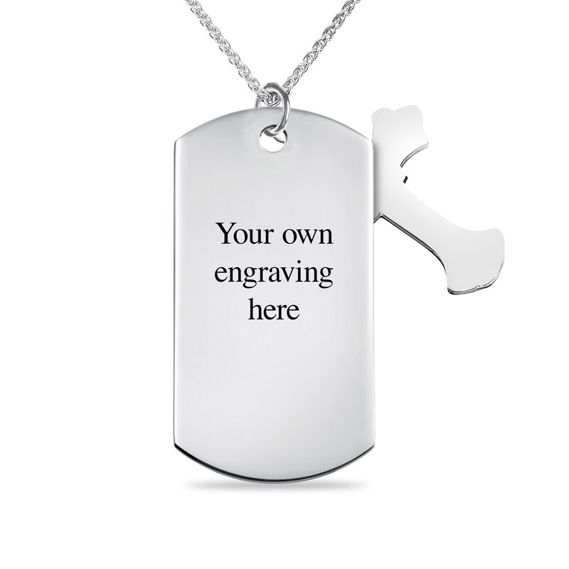 Men's Extra Large Engravable Photo Dog Tag Pendant with Cross Charm in Sterling Silver (1 Image and 4 Lines) - 22"