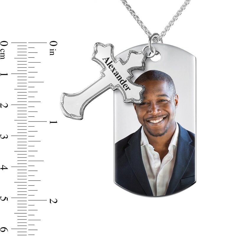 Men's Extra Large Engravable Photo Dog Tag Pendant with Cross Charm in Sterling Silver (1 Image and 4 Lines) - 22"