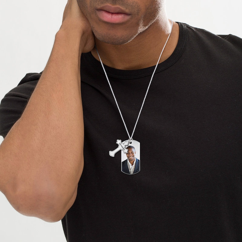 Men's Extra Large Engravable Photo Dog Tag Pendant with Cross Charm in Sterling Silver (1 Image and 4 Lines) - 22"
