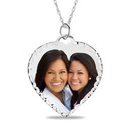 Engravable Photo Diamond-Cut Edge Heart Pendant in Sterling Silver (1 Image and 3 Lines)