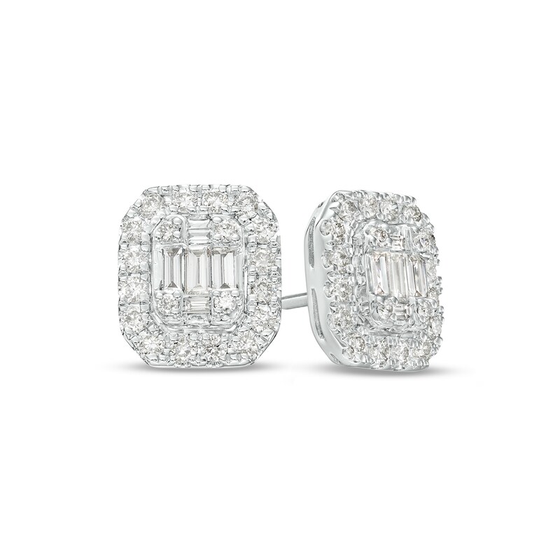 Main Image 1 of 1/2 CT. T.W. Emerald-Shaped Multi-Diamond Frame Stud Earrings in 10K White Gold