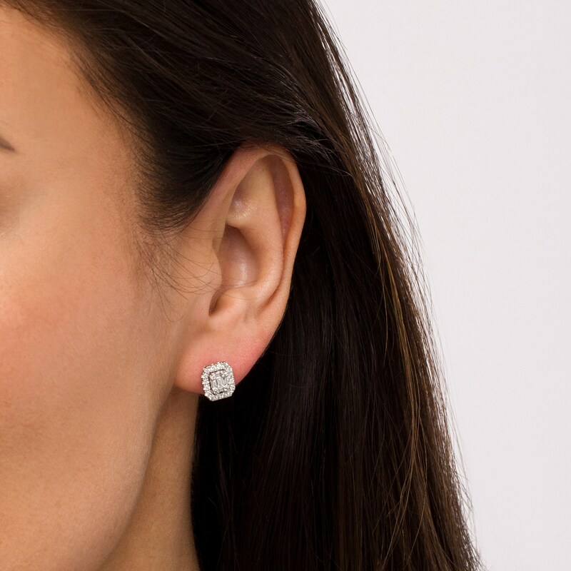Main Image 2 of 1/2 CT. T.W. Emerald-Shaped Multi-Diamond Frame Stud Earrings in 10K White Gold