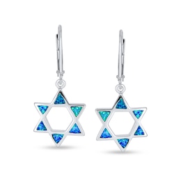 Blue Lab-Created Opal Inlay Star of David Frame Open Drop Earrings in Sterling Silver