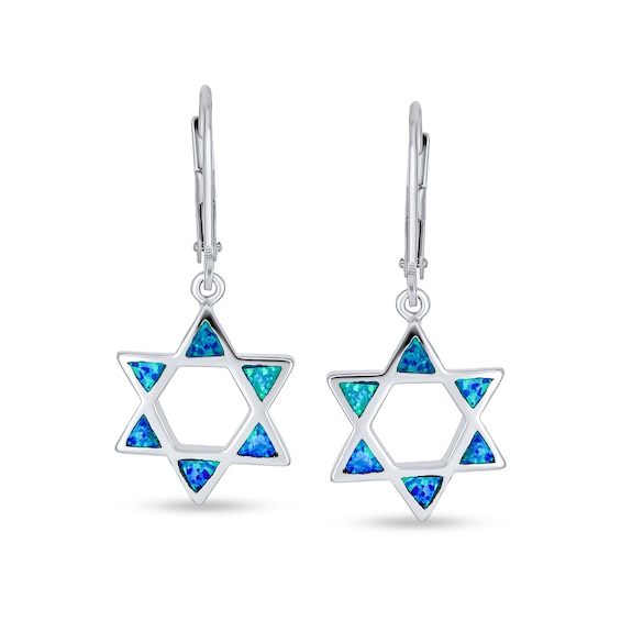 Blue Lab-Created Opal Inlay Star of David Frame Open Drop Earrings in Sterling Silver