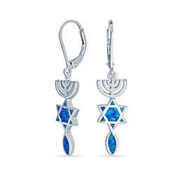 Blue Lab-Created Opal Star of David Inlay and Menorah Drop Earrings in Sterling Silver