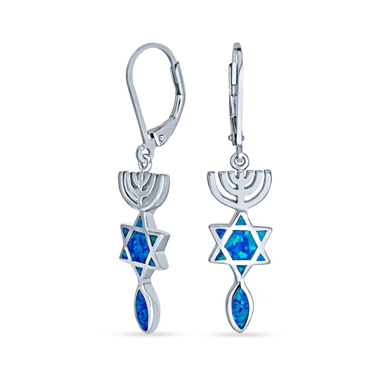 Main Image 1 of Blue Lab-Created Opal Star of David Inlay and Menorah Drop Earrings in Sterling Silver