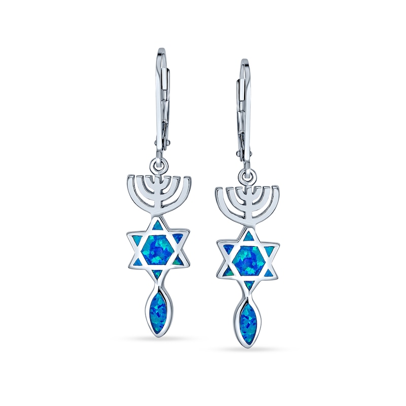 Main Image 2 of Blue Lab-Created Opal Star of David Inlay and Menorah Drop Earrings in Sterling Silver