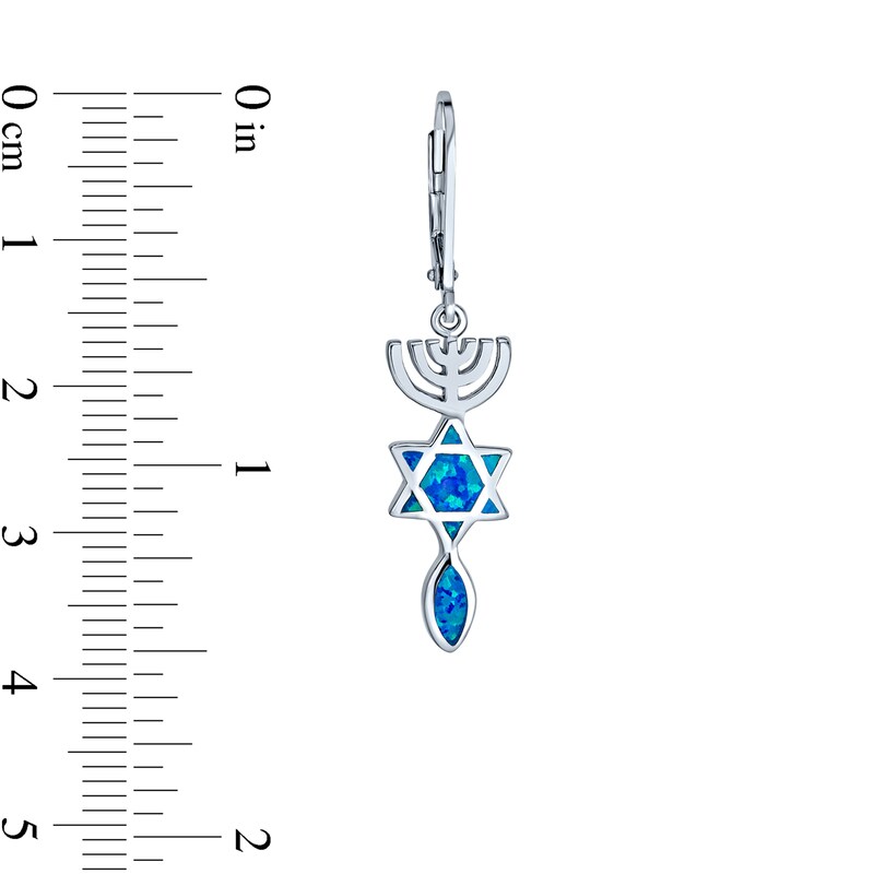Main Image 3 of Blue Lab-Created Opal Star of David Inlay and Menorah Drop Earrings in Sterling Silver