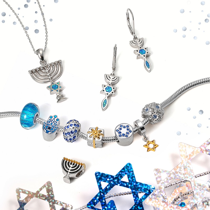 Main Image 4 of Blue Lab-Created Opal Star of David Inlay and Menorah Drop Earrings in Sterling Silver