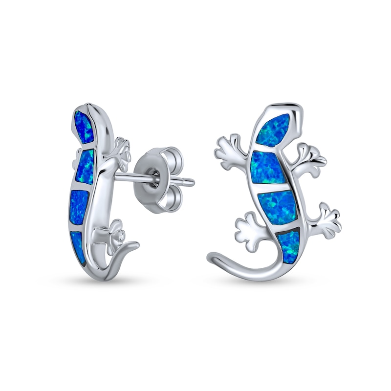 Main Image 1 of Blue Lab-Created Opal Inlay Gecko Stud Earrings in Sterling Silver