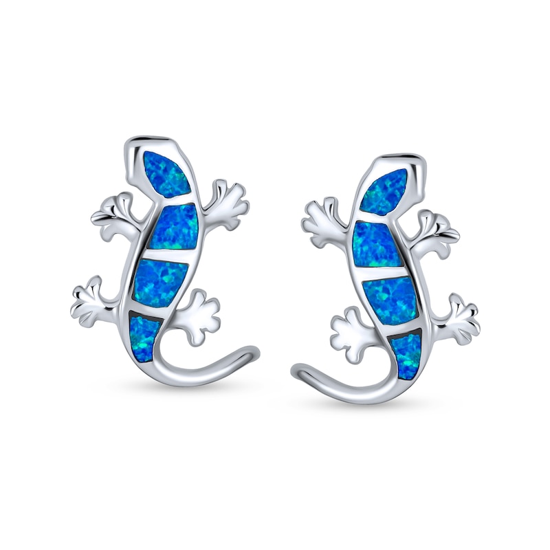 Main Image 2 of Blue Lab-Created Opal Inlay Gecko Stud Earrings in Sterling Silver