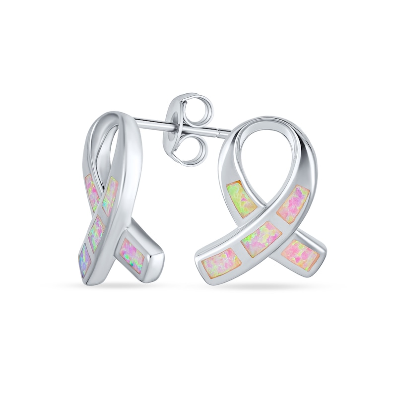 Main Image 1 of Pink Lab-Created Opal Inlay Ribbon Stud Earrings in Sterling Silver