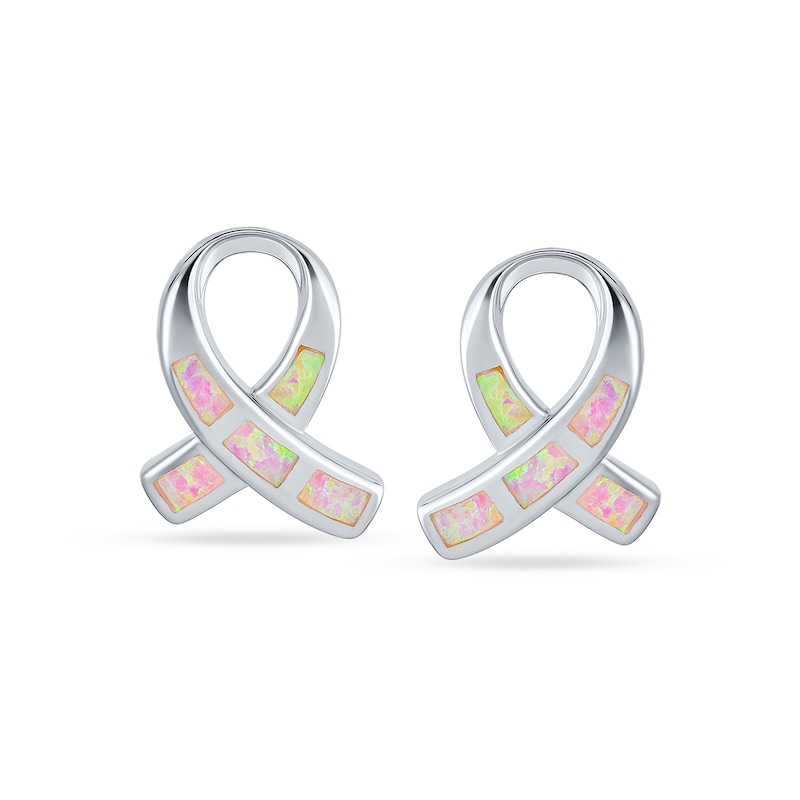 Pink Lab-Created Opal Inlay Ribbon Stud Earrings in Sterling Silver