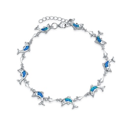 Blue Lab-Created Opal Inlay Dolphin Station Link Bracelet in Sterling Silver