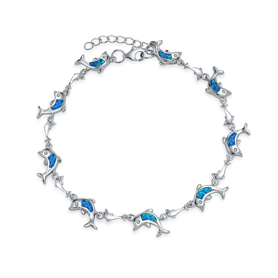 Blue Lab-Created Opal Inlay Dolphin Station Link Bracelet in Sterling Silver