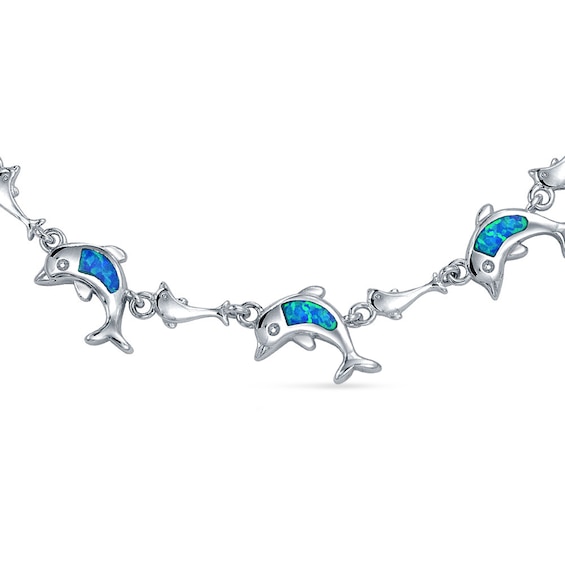 Blue Lab-Created Opal Inlay Dolphin Station Link Bracelet in Sterling Silver
