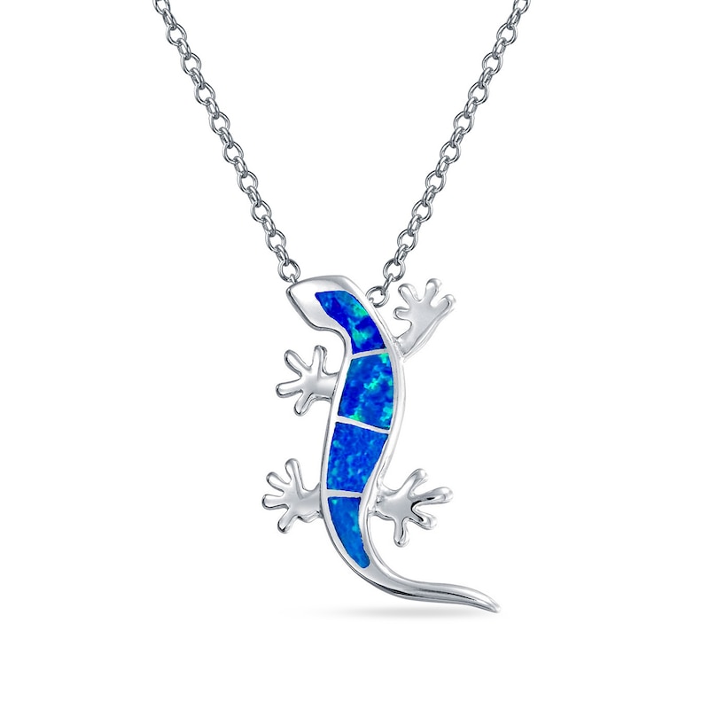 Main Image 1 of Blue Lab-Created Opal Inlay Gecko Pendant in Sterling Silver