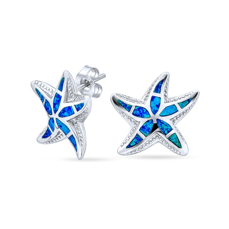 Main Image 1 of Blue Lab-Created Opal Inlay Starfish Stud Earrings in Sterling Silver