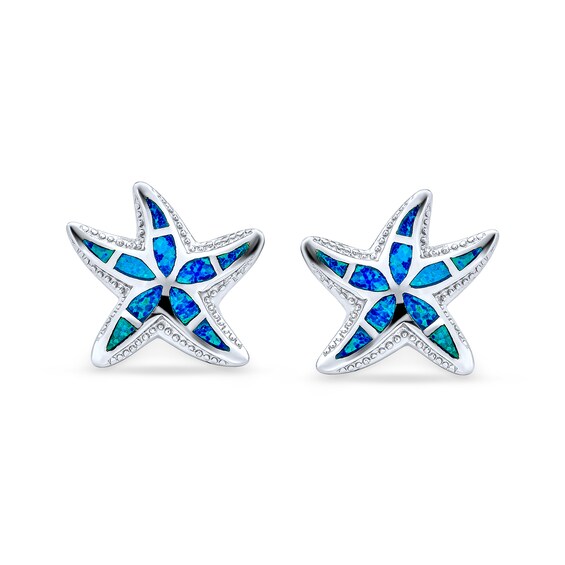 Blue Lab-Created Opal Inlay Starfish Stud Earrings in Sterling Silver