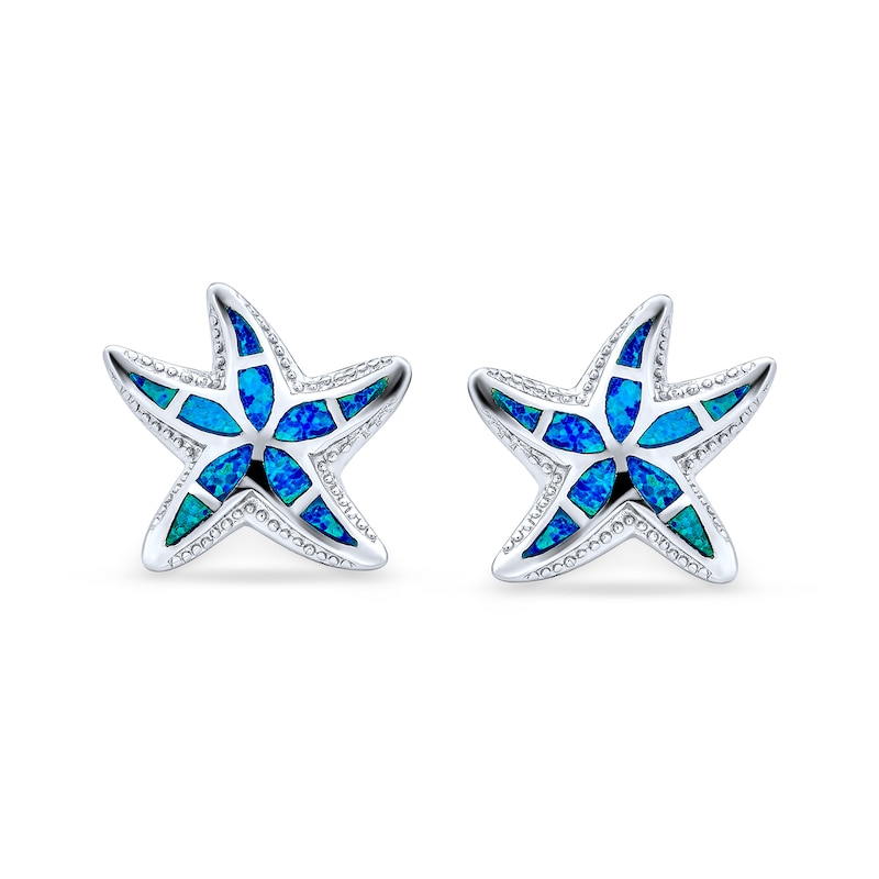 Main Image 2 of Blue Lab-Created Opal Inlay Starfish Stud Earrings in Sterling Silver