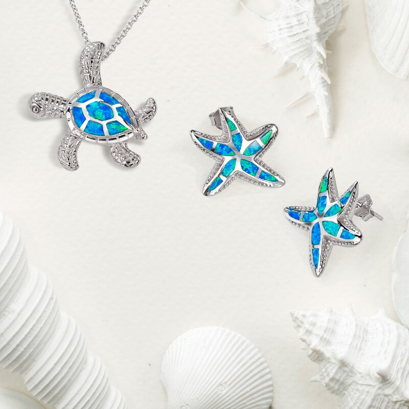 Main Image 4 of Blue Lab-Created Opal Inlay Starfish Stud Earrings in Sterling Silver