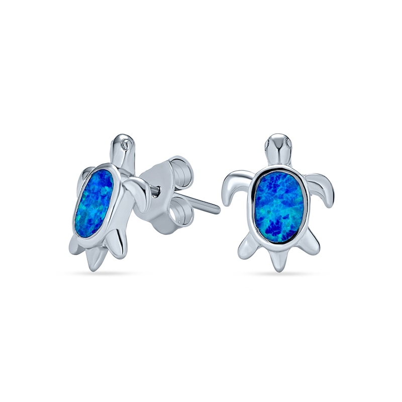 Main Image 1 of Blue Lab-Created Opal Inlay Sea Turtle Stud Earrings in Sterling Silver