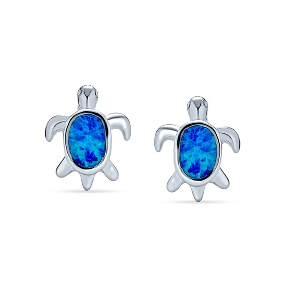 Blue Lab-Created Opal Inlay Sea Turtle Stud Earrings in Sterling Silver