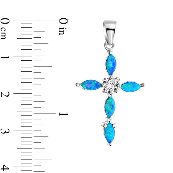 Marquise Blue Lab-Created Opal and Cubic Zirconia Cross Pendant in Sterling Silver