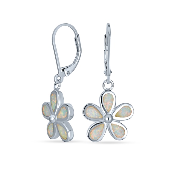 Lab-Created Opal Inlay Flower Drop Earrings in Sterling Silver